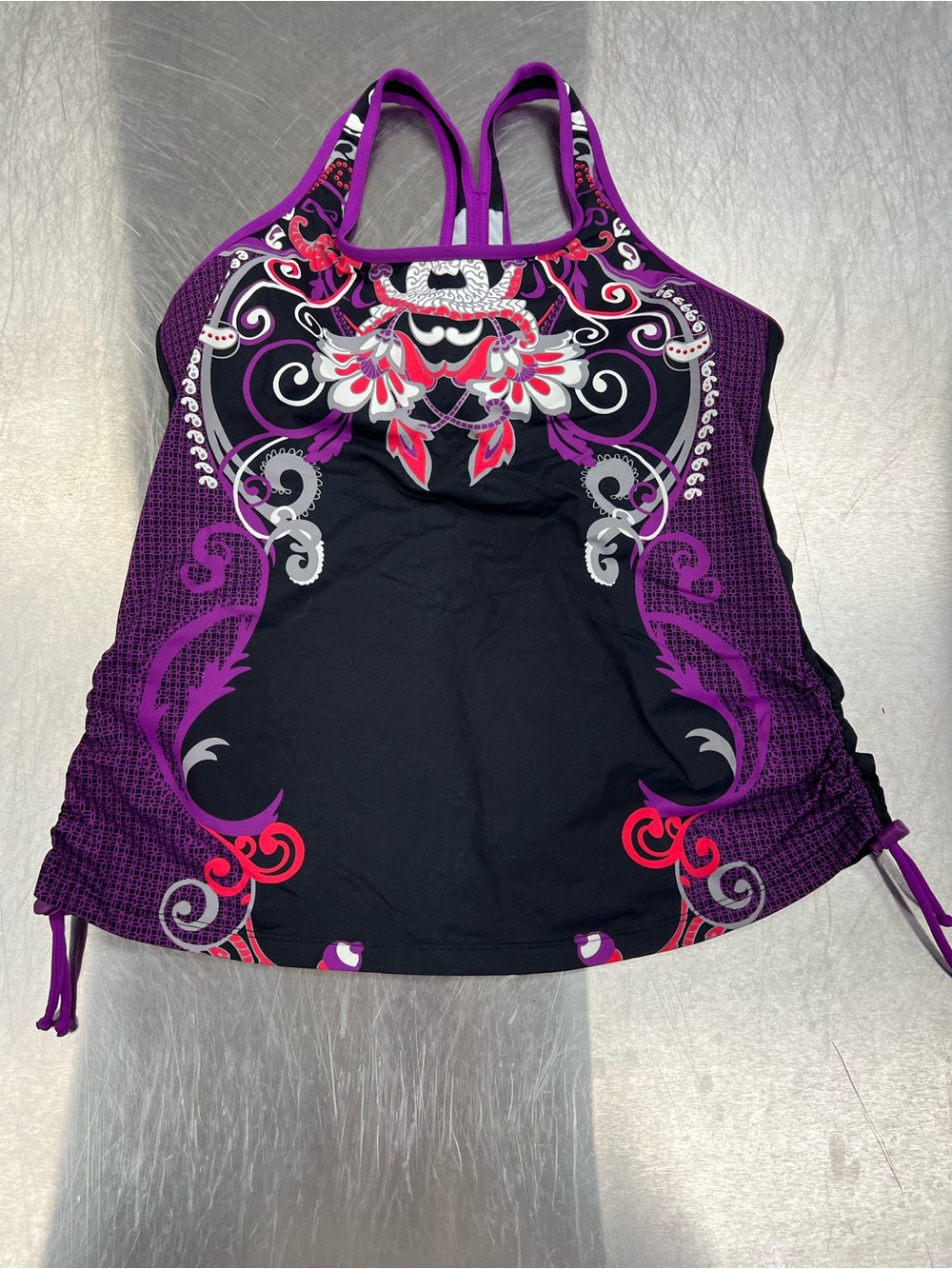 Athleta Black & Purple Floral-Print Racerback Swim Tank Women’s L